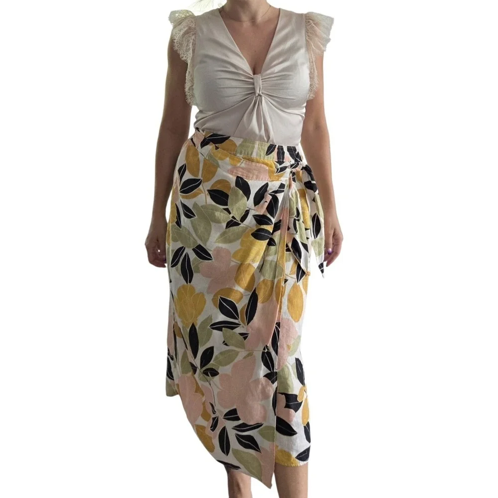 Rachel Zoe 100% Linen Floral Wrap Skirt Tie Waist Midi Small Boho Cottage Coast